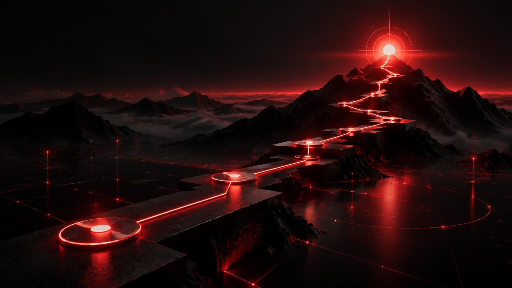 Glowing strategic roadmap of waypoints ascending toward a bright node