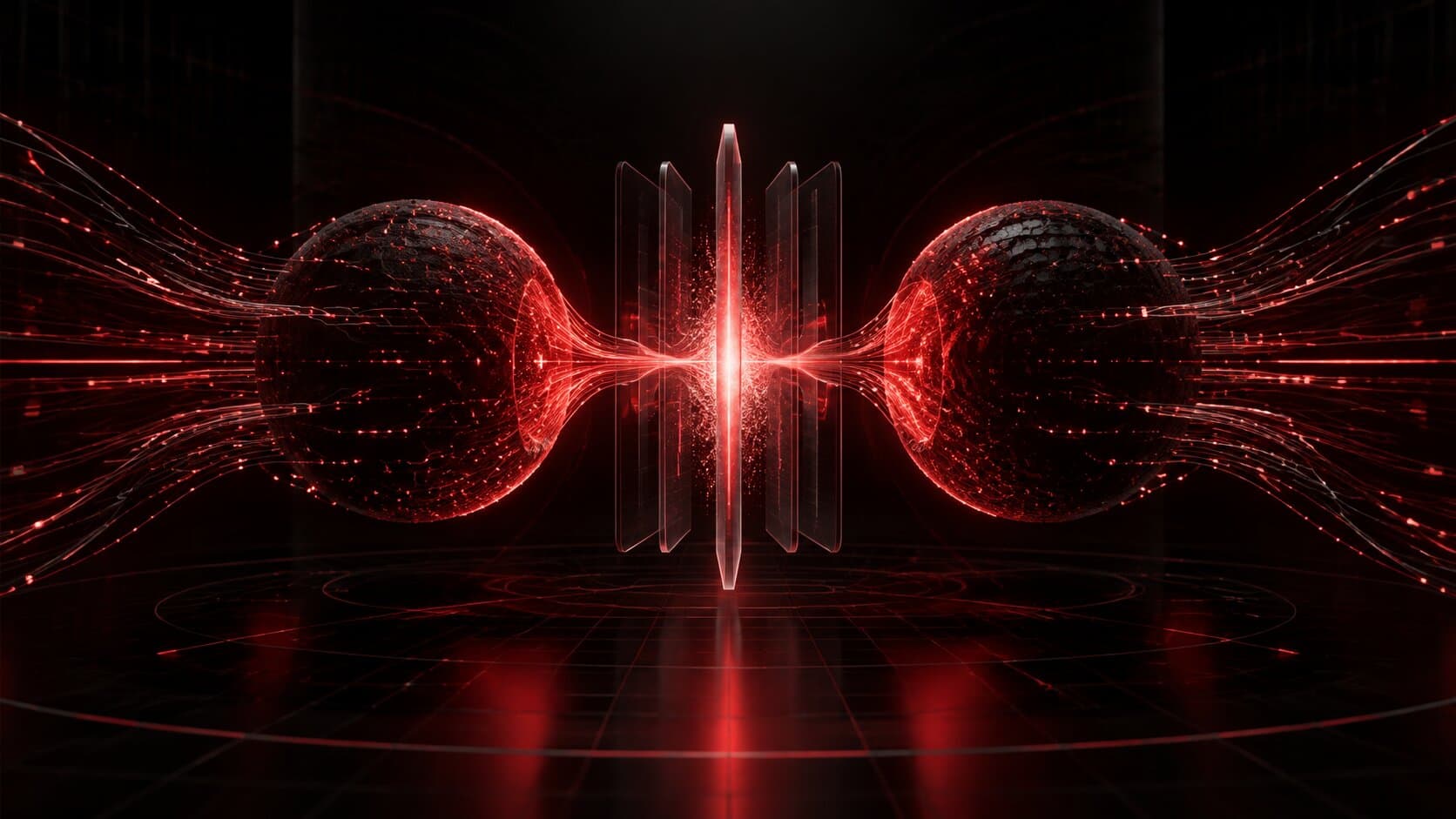 Two luminous AI cores docking through a clean interface layer